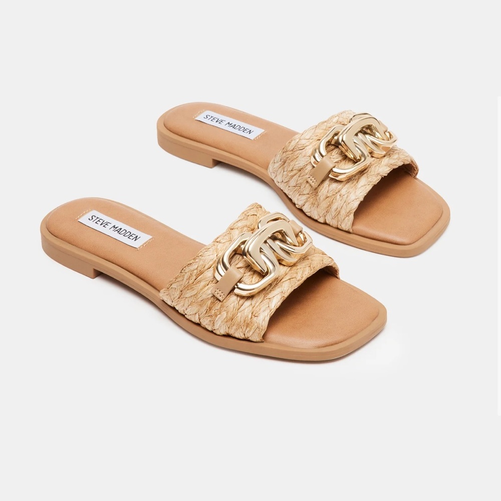 Steve Madden Tan Raffia Slide Sandals with Gold Chain Detail Sz 8 - Picture 6 of 12